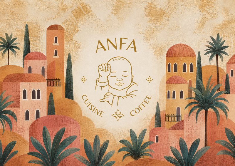 Logo ANFA Cuisine Coffee : un bébé dans un décor de ruelles marocaines